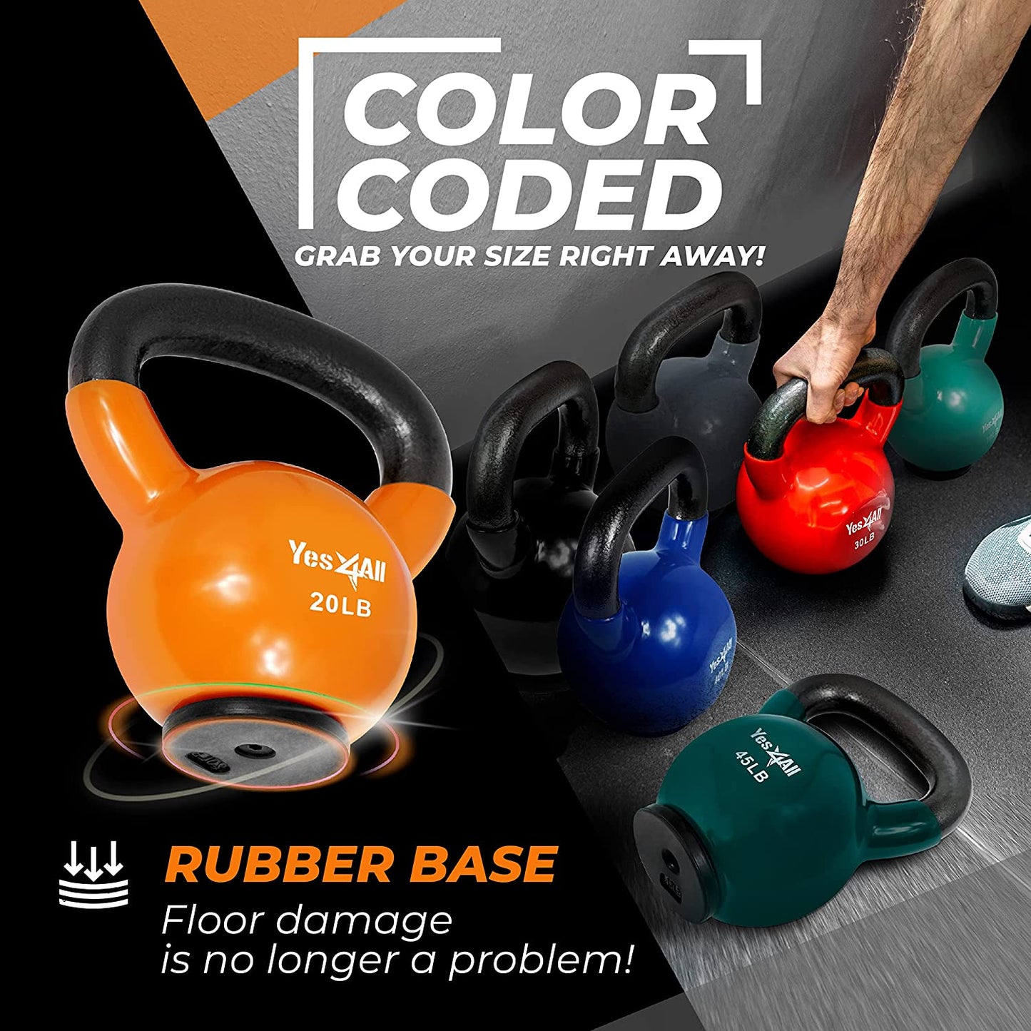 Yes4All Kettlebells Rubber Base, Kettlebell Set for Women, Strength Training Kettlebells Weights (10-65 Lbs)