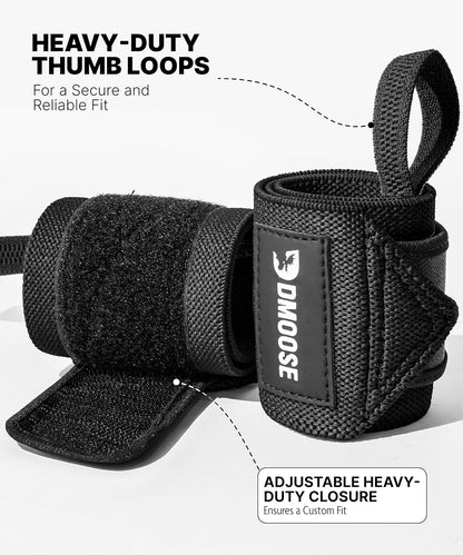 Dmoose Fitness Wrist Wraps for Weightlifting 18" - Heavy Duty Gym Wrap with Hand Thumb Loop for Support & Pain Relief, USPA Approved Powerlifting, Weight Lifting Wrist Straps for Men & Women Work Out