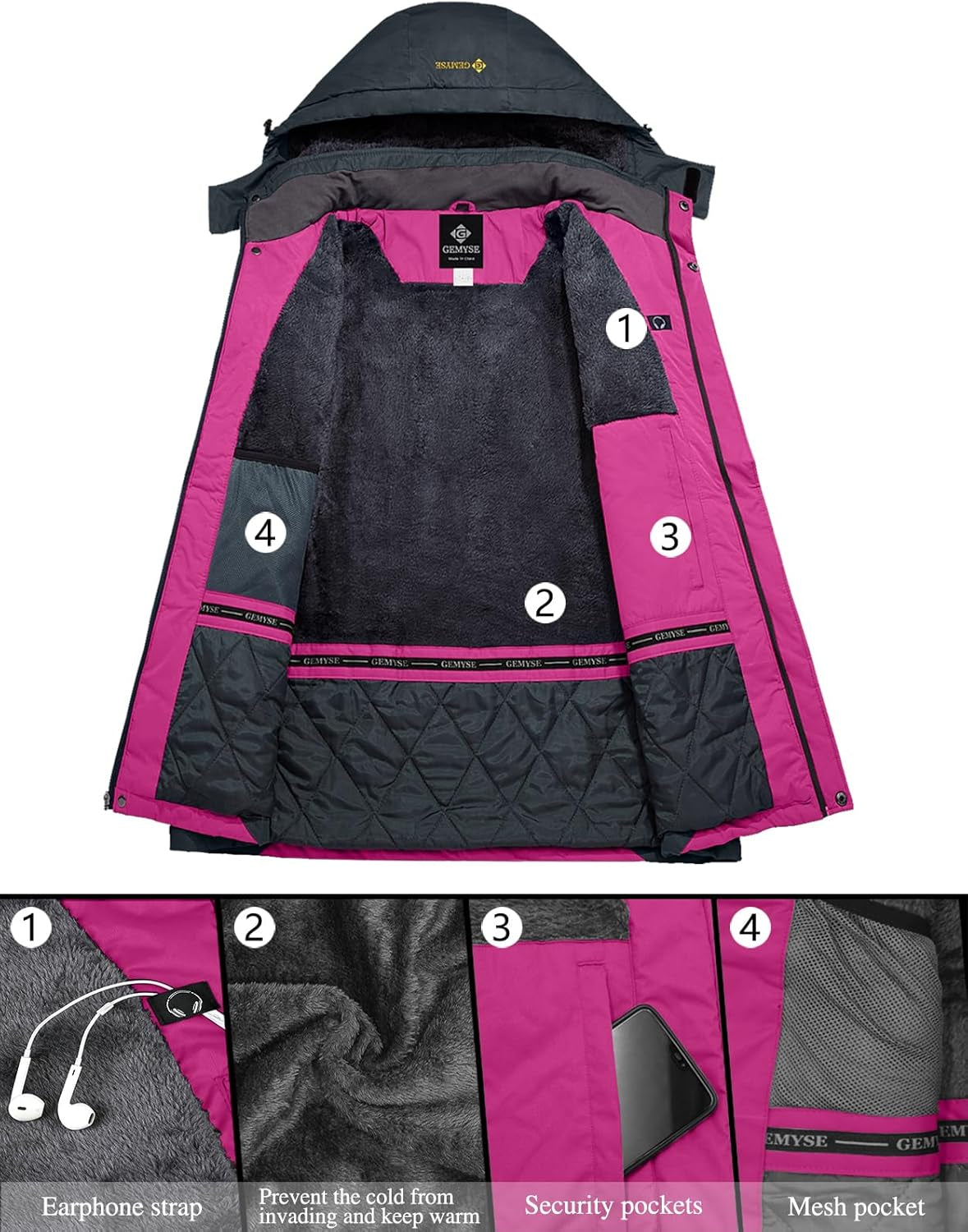 GEMYSE Women'S Ski Snow Jacket Warm Winter Waterproof Coat Snowboard Rain Jacket Hooded Windproof Windbreaker