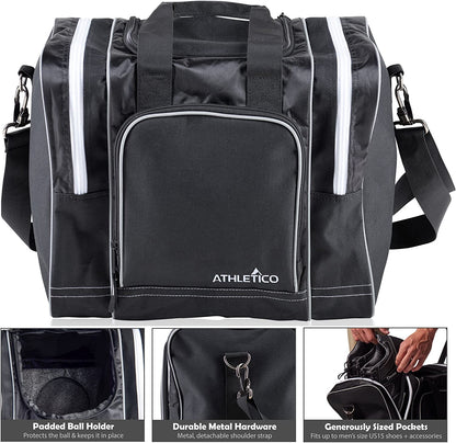 Athletico Bowling Bag for Single Ball - Single Ball Tote Bag with Padded Ball Holder - Fits a Single Pair of Bowling Shoes up to Mens Size 14
