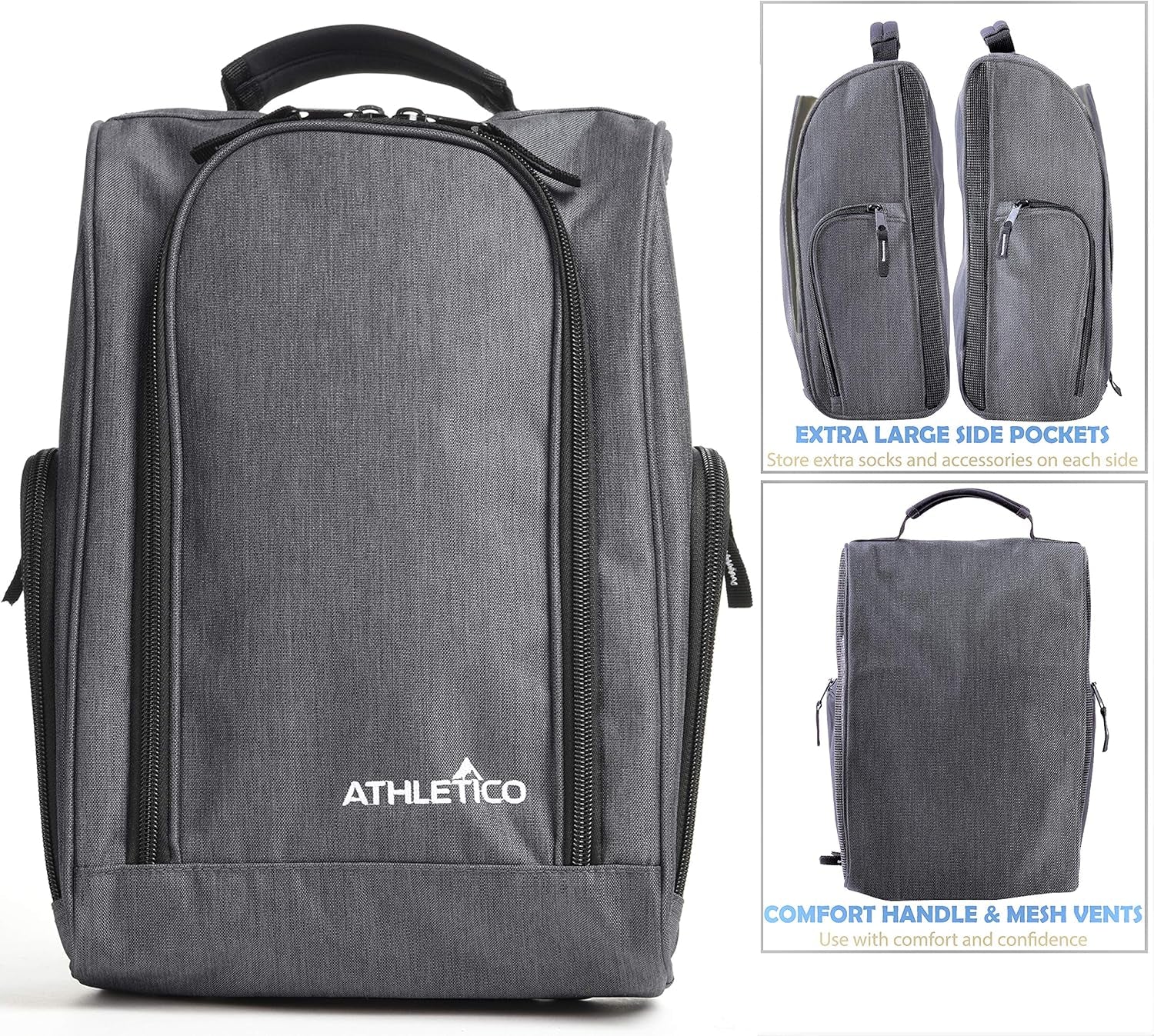 Athletico Golf Shoe Bag - Zippered Shoe Carrier Bags with Ventilation & outside Pocket for Socks, Tees, Etc. (Gray)