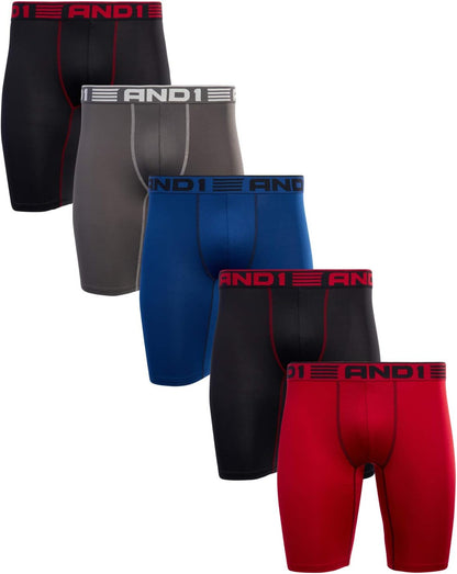 AND1 Mens Boxer Briefs - 5 Pack Performance Stretch Mens Underwear Long Leg Boxers for Men with Contour Pouch (Sizes: S-3XL)