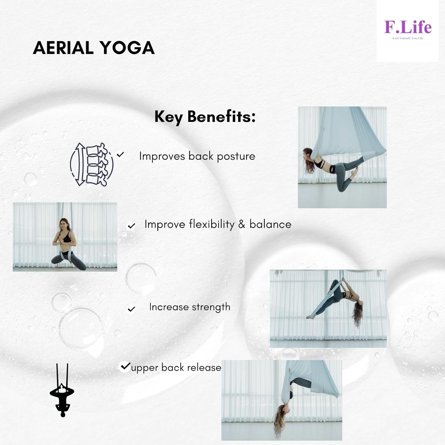 F.Life Aerial Silk Yoga Hammock & Swing for Yoga Inversion,Strength Training,Starter Hardware Kit