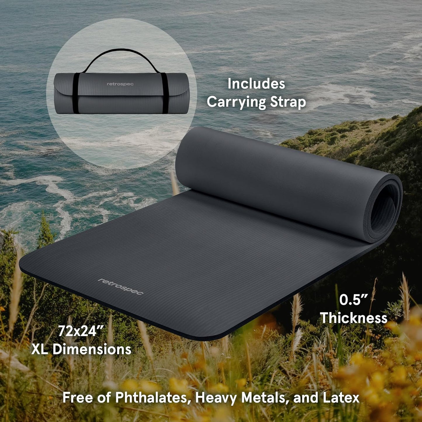 Retrospec Solana Yoga Mat 1/2" Thick W/Nylon Strap for Men & Women - Non Slip Exercise Mat for Yoga, Pilates, Stretching, Floor & Fitness Workouts