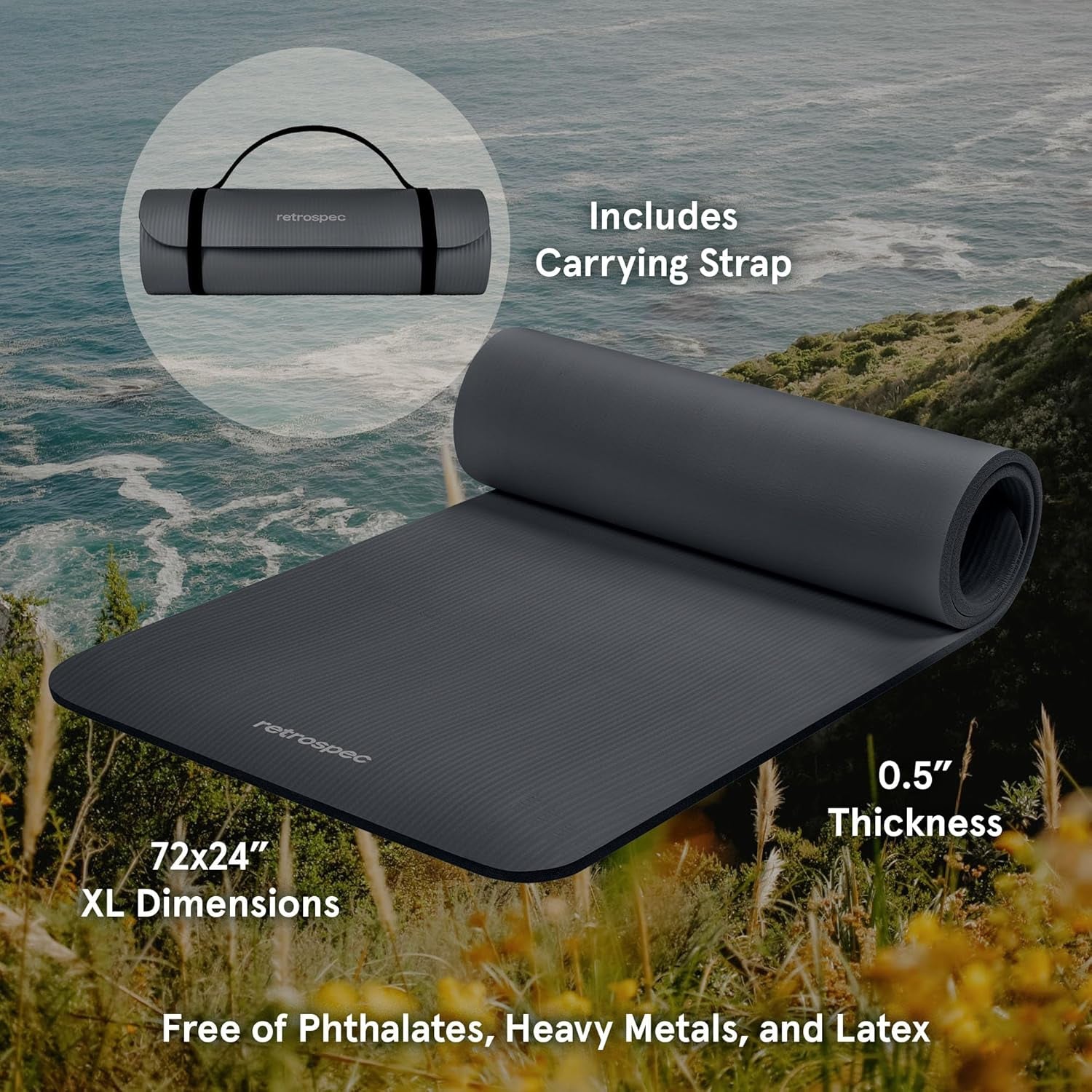 Retrospec Solana Yoga Mat 1/2" Thick W/Nylon Strap for Men & Women - Non Slip Exercise Mat for Yoga, Pilates, Stretching, Floor & Fitness Workouts