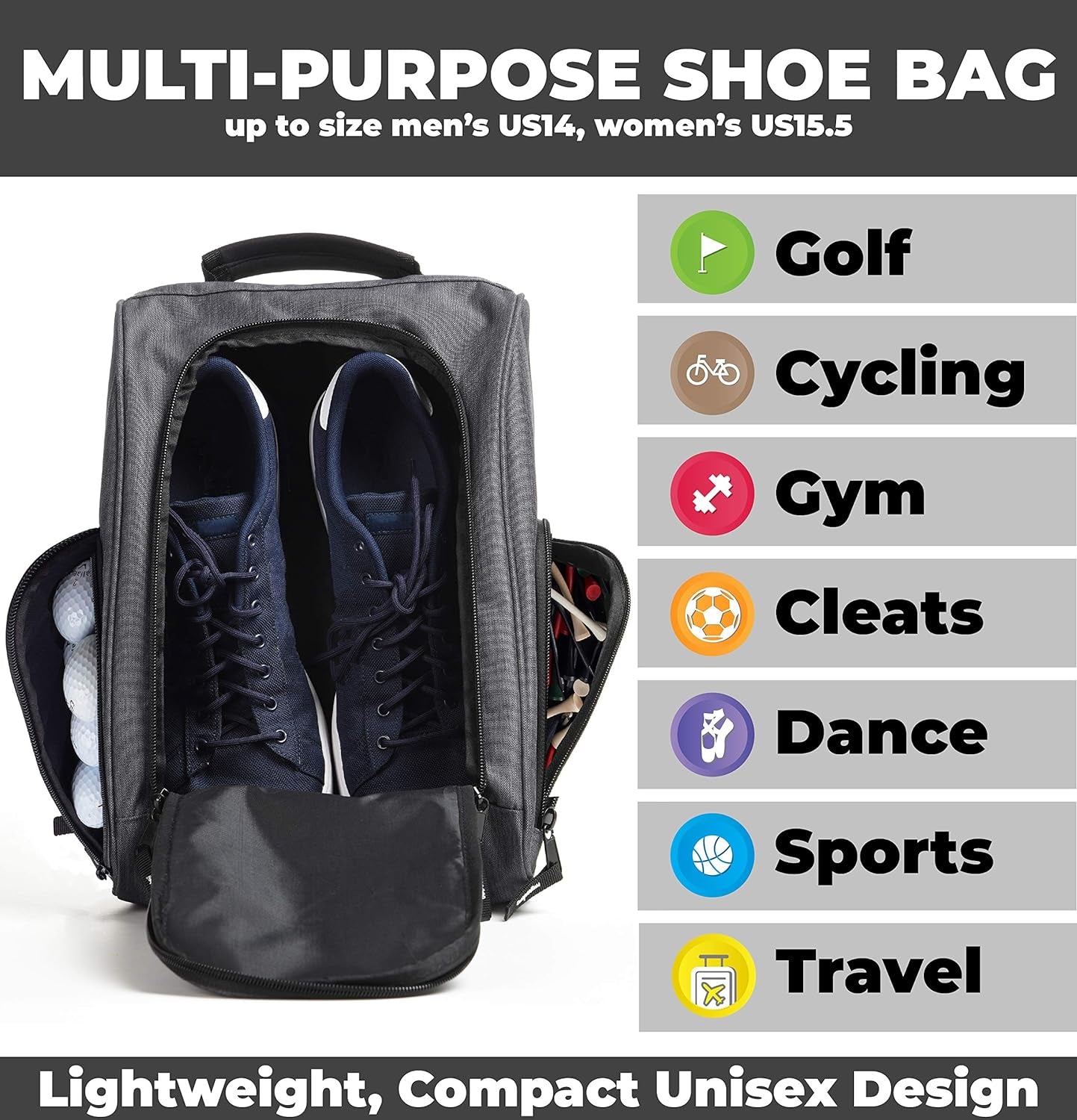 Athletico Golf Shoe Bag - Zippered Shoe Carrier Bags with Ventilation & outside Pocket for Socks, Tees, Etc. (Gray)